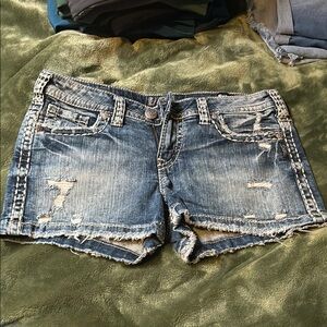 Distressed Silver Denim Shorts 30